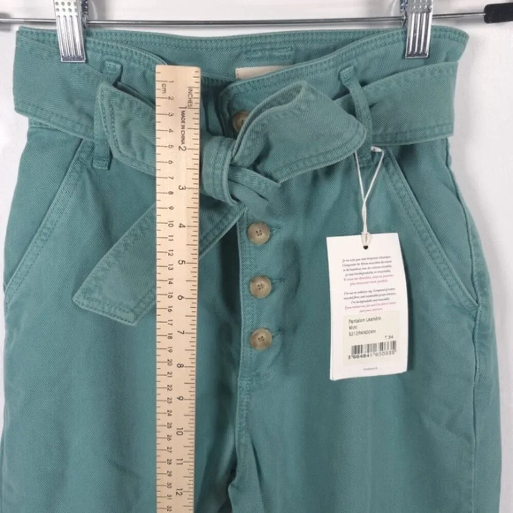 NWT SÉZANE LEANDRO MINT Denim Trousers Button Fly‎ Belted S212PAN004H Size 34